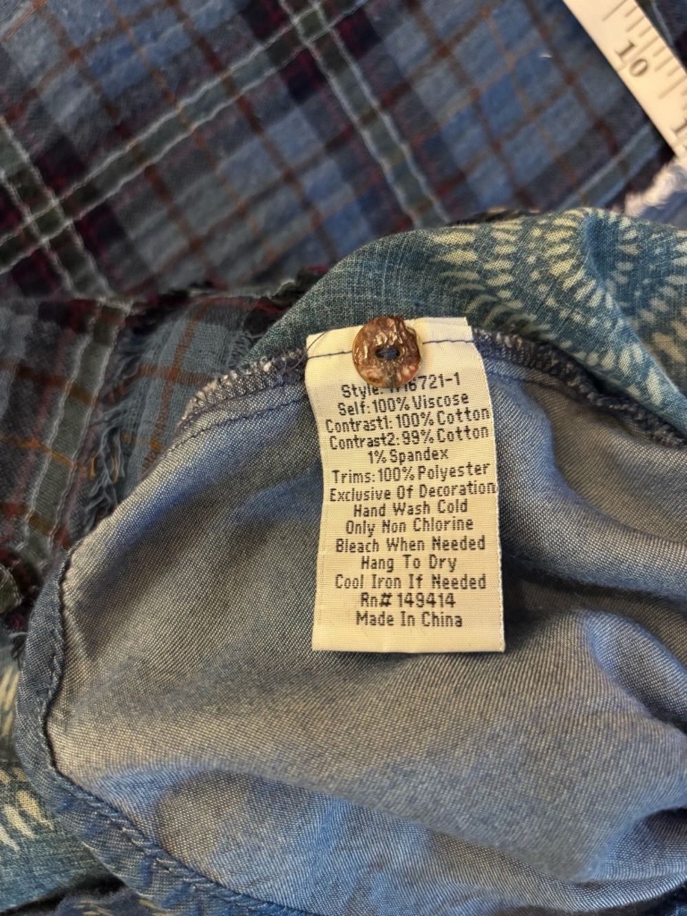 Johnny Was Workshop Blue Patchwork Denim & Plaid Button-Down - Picture 12 of 15